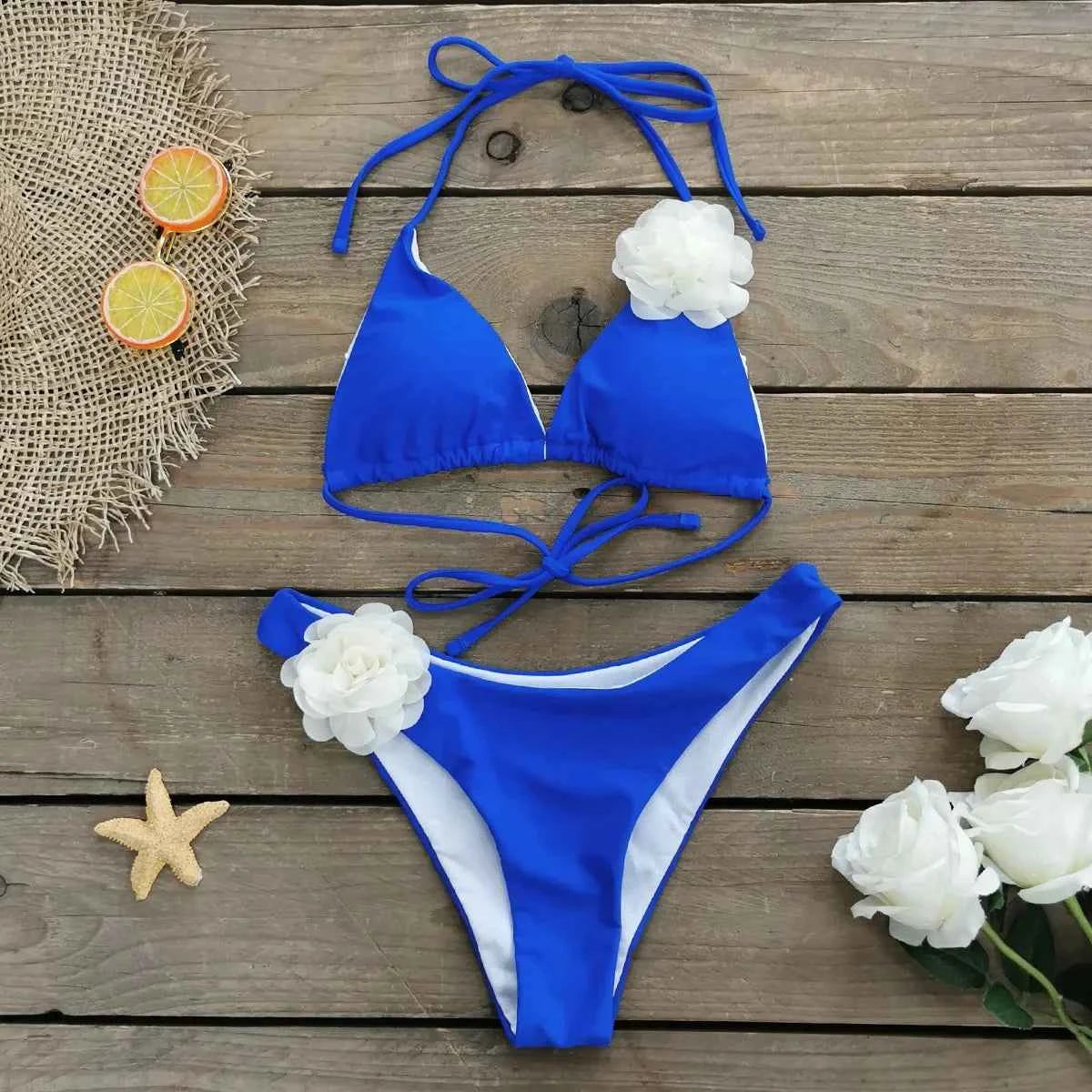 2026 New Sexy White 3D Flower Solid Two Piece Push Up Bikini Set Luxury Swimwear Women Swimsuit Beachwear Summer Bathing Suit