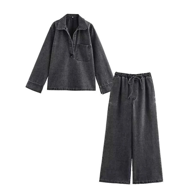 2024 Autumn Jeans Sets Women Turn-down Collar Casual Top Fashion High Waist Streetwear Female Denim Pant Two Piece Set