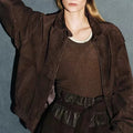 Brown Suede Jacket Spring Women Sheepskin Vintage Old Money Style Wide Shoulder Casual Baseball Leather Coat Giacca Pelle Donna