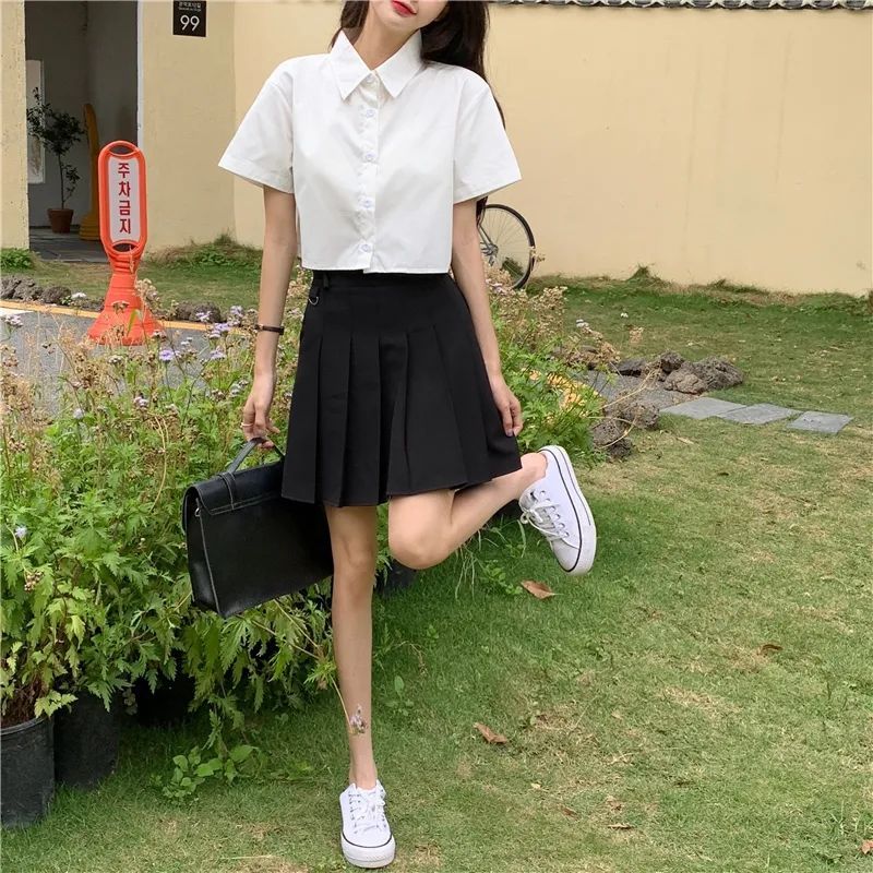 Oversize Cropped White Shirt Women Summer Short Sleeve Polo Neck Button Down Basic Short Sleeve Shirts Korean Female Blouses