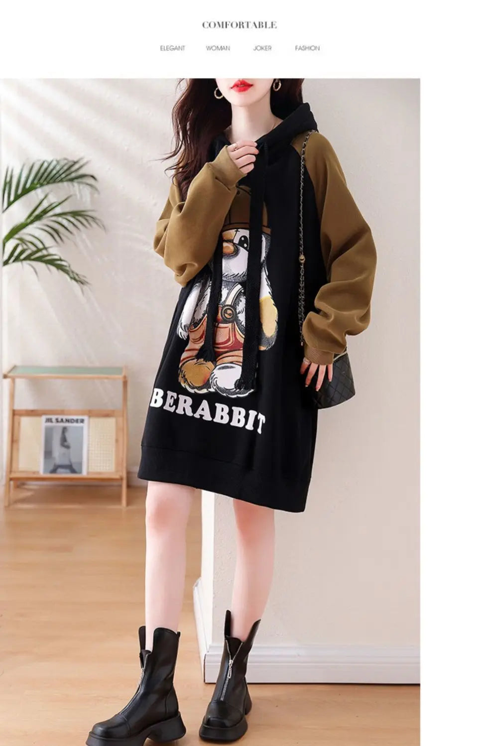 Winter Women Clothing Oversized Cartoon Fleece Dress New Hooded Drawstring Thicken Warm Female Casual Midi Long Sleeve Dresses