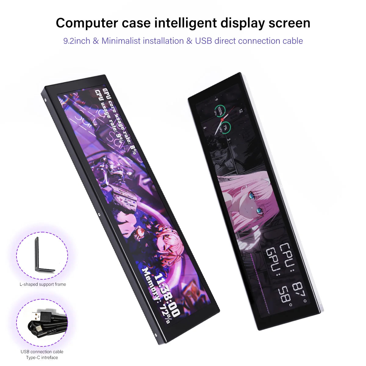 9.2 Inch PC Case Secondary Monitor USB Type-C IPS Sub Display CPU GPU Temperature Data Monitor For Computer Case