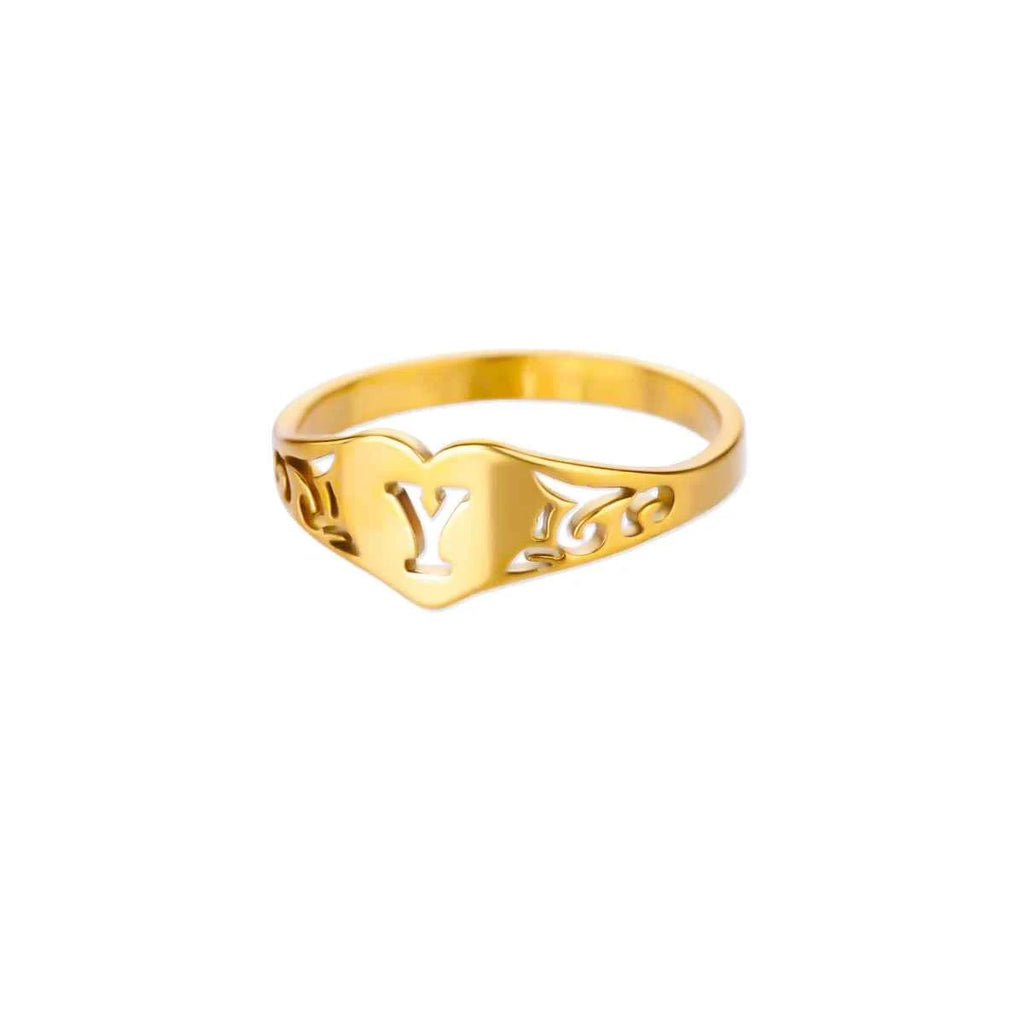 Fashion Hollow Initial Letter Heart Rings For Women Gold Color Stainless Steel A-Z Letter Ring Aesthetic Wedding Jewelry Gift
