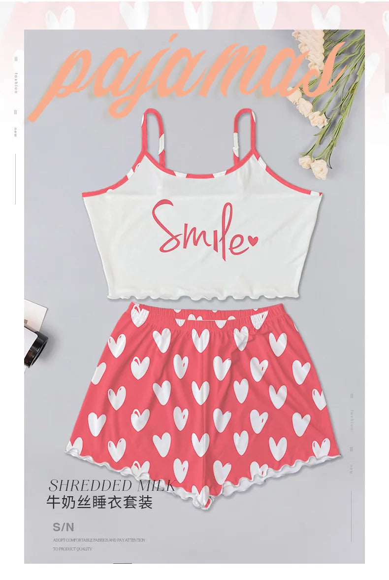 Summer Silk Satin Pyjama Pajamas for Women Sexy Sleepwear Sling Top Shorts Pajama Set Cartoon Pattern Printing 2-Piece Homewear