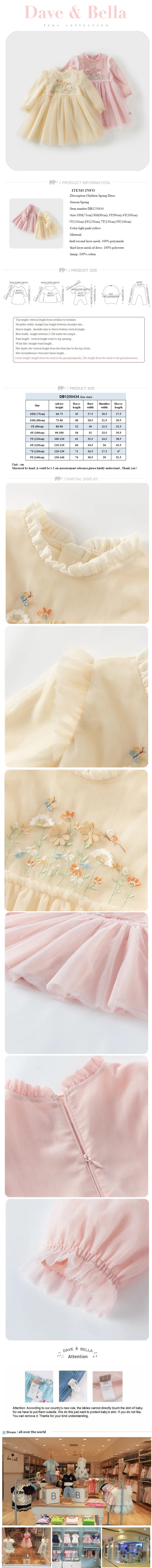 Dave Bella Princess Dress for Girls Baby Children 2025 Spring Long Sleeved Charm Mesh Embroidery Floral Gentle Cute DB1250434