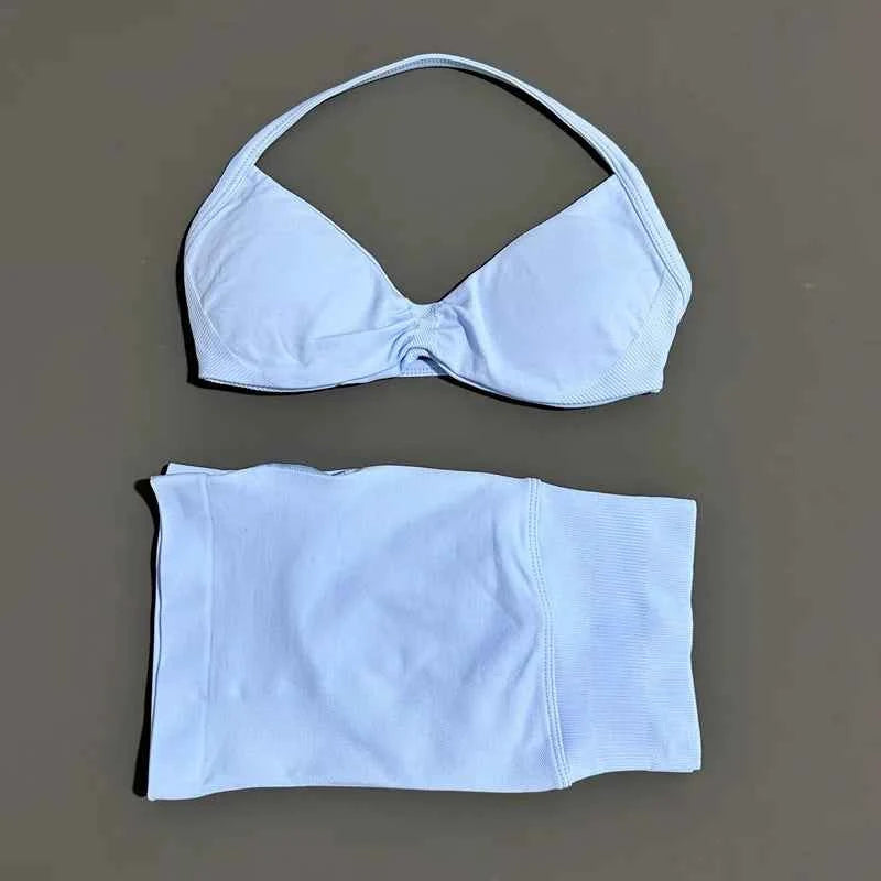 HISTELLO Gym Set 2 Piece Women Strappy Yoga Bra Top Workout Scrunch Shorts Sports Suit Fitness Clothes Seamless Yoga Set