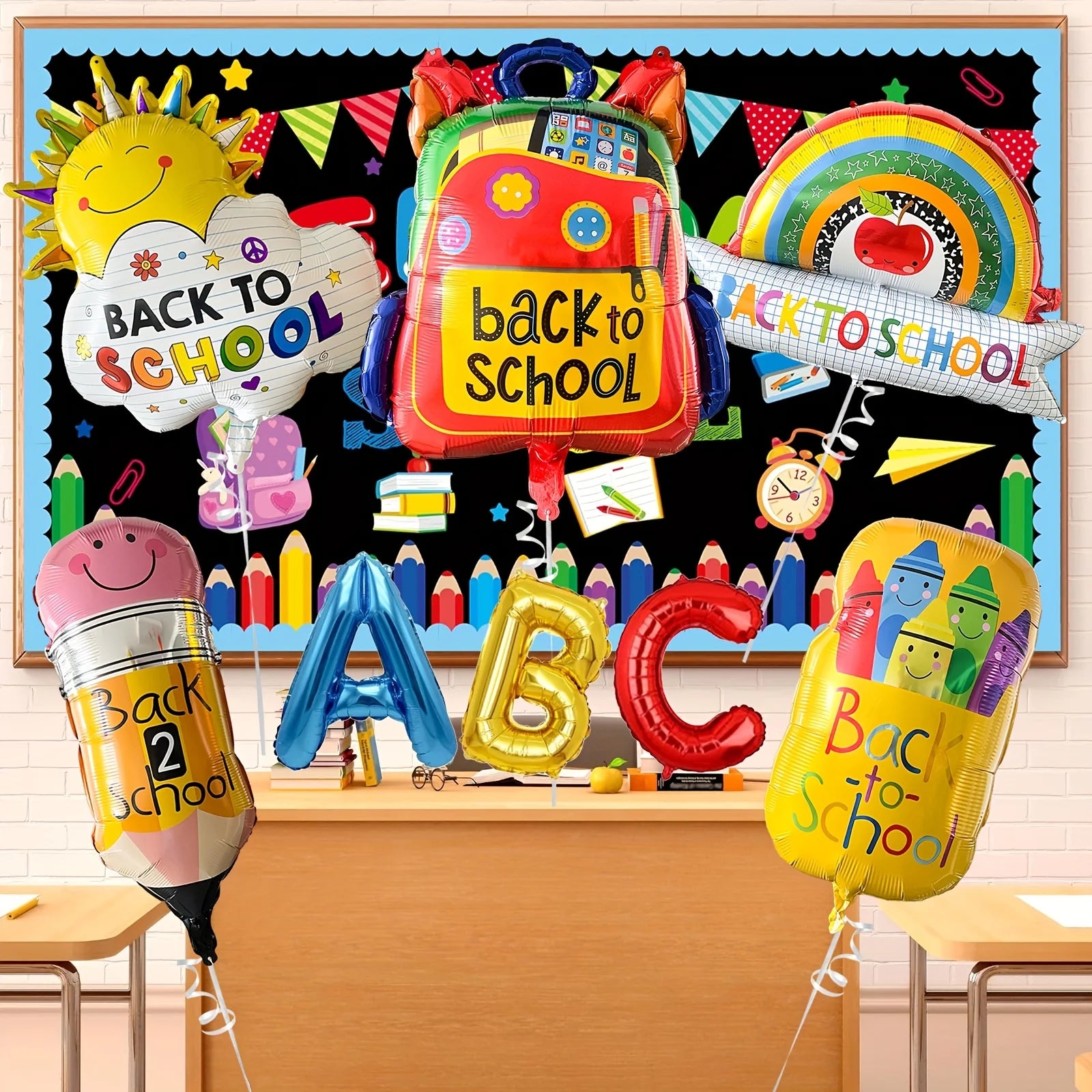 8Pcs Back To School Foil Balloons Large School Bag Pencil Crayon ABC Balloons for Kids Classroom First Day of School Decoration