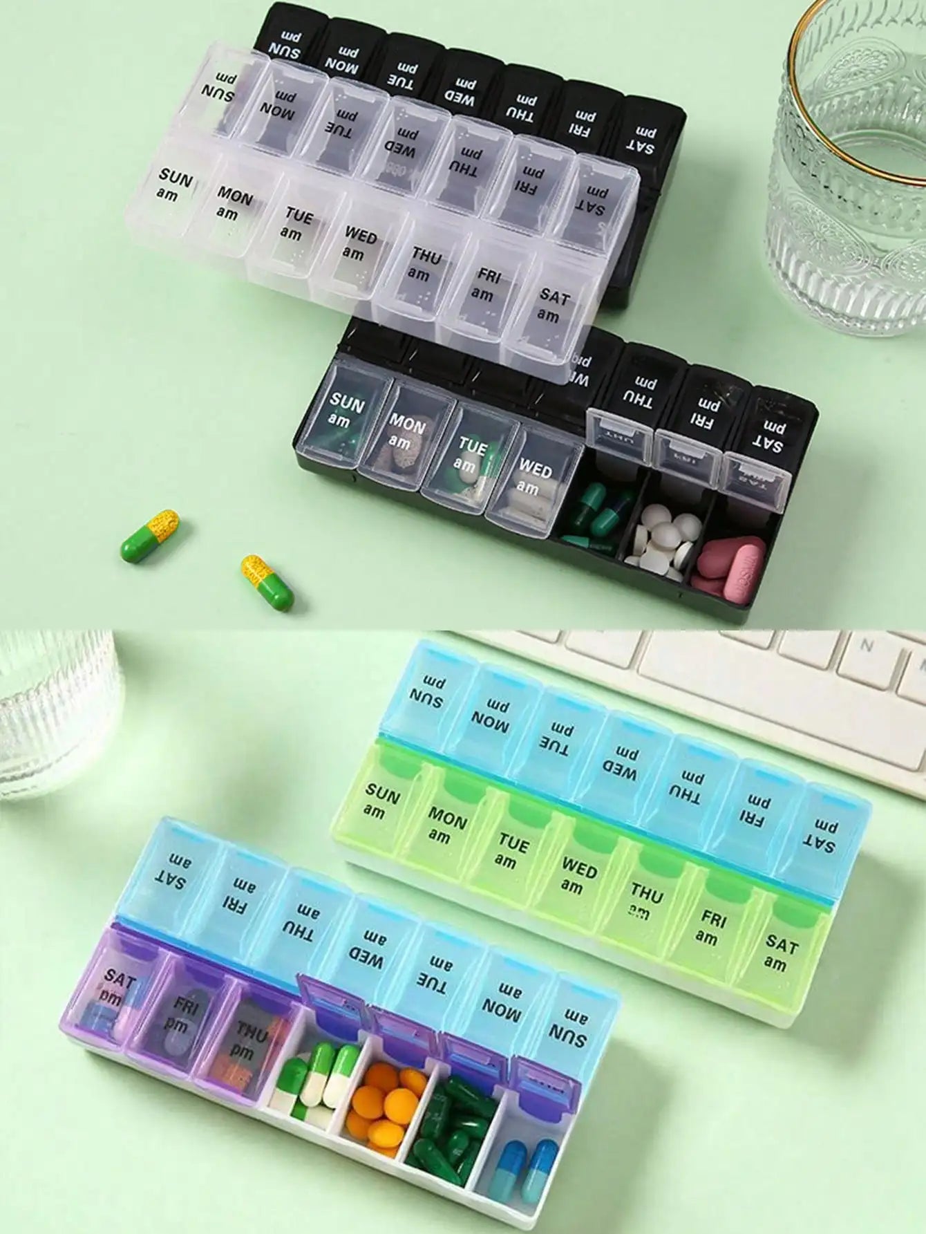14-Grid Color Pill Box, Portable One-Week Pill Box Set, Mini Combination Pill Box Packing, Daily Regular Reminder Pill Box Monday To Sunday Full Coverage Travel Carry-On & Handbag Essentials, Efficient Management Of Vitamins