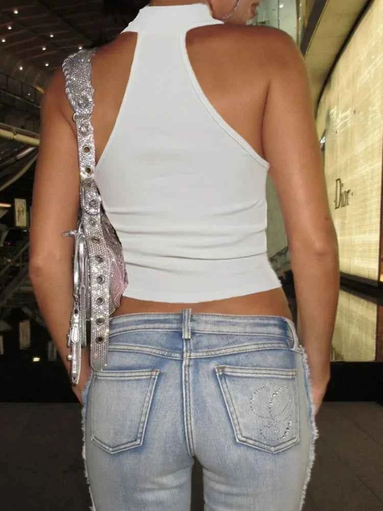 Metal Buckle Decoration Tank Tops Women Turtleneck Off Shoulder Skinny Stretch Street Fashion Wild Style Solid Outfits