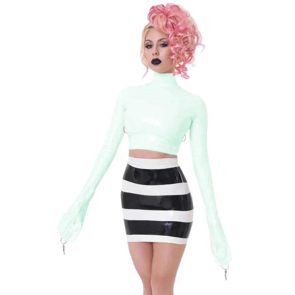 Sexy Crop Tops with Finger High Neck, Slim Skinny Leather, PVC Short Shirts, Vinyl Sexy Top with Lock Key, Club Night