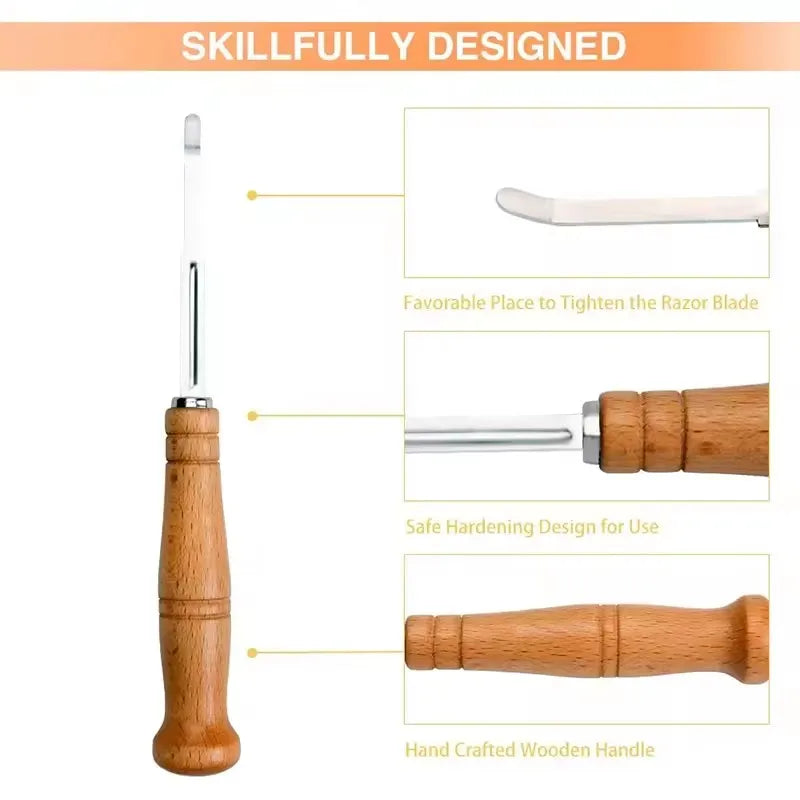 Premium Stainless Steel Bread Lame Set with 5 Replacement Blades Curved Baguette Cutter Wooden Handle Baking Tool