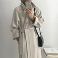Chic Thick Warm Lapel Lace-up Pockets Loose Woolen Coat 2025 Autumn Winter New Korean Female Long Oversize Casual Women Clothes