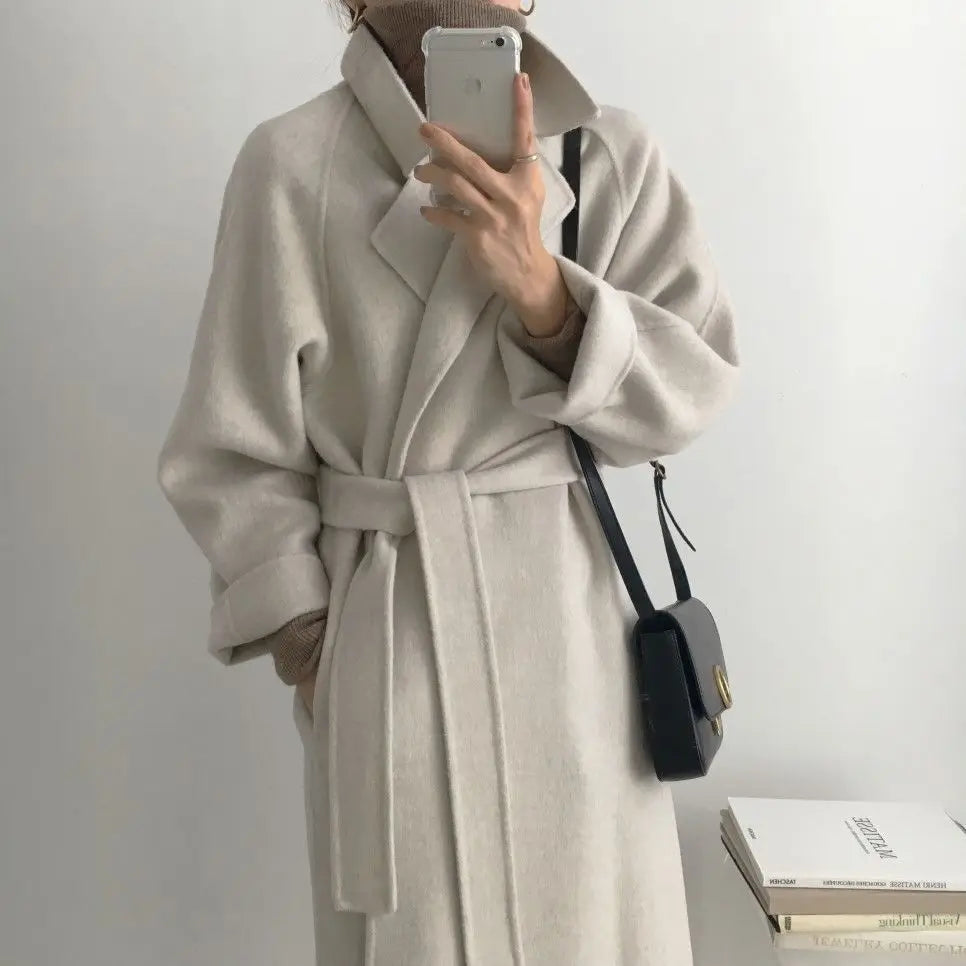Chic Thick Warm Lapel Lace-up Pockets Loose Woolen Coat 2025 Autumn Winter New Korean Female Long Oversize Casual Women Clothes