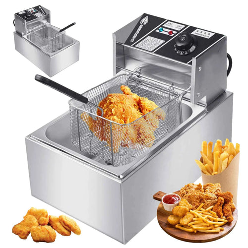 6L Electric Deep Fryer Stainless Steel Countertop Fryer with Basket for Fried Chicken French Fries with Time & Temp Control