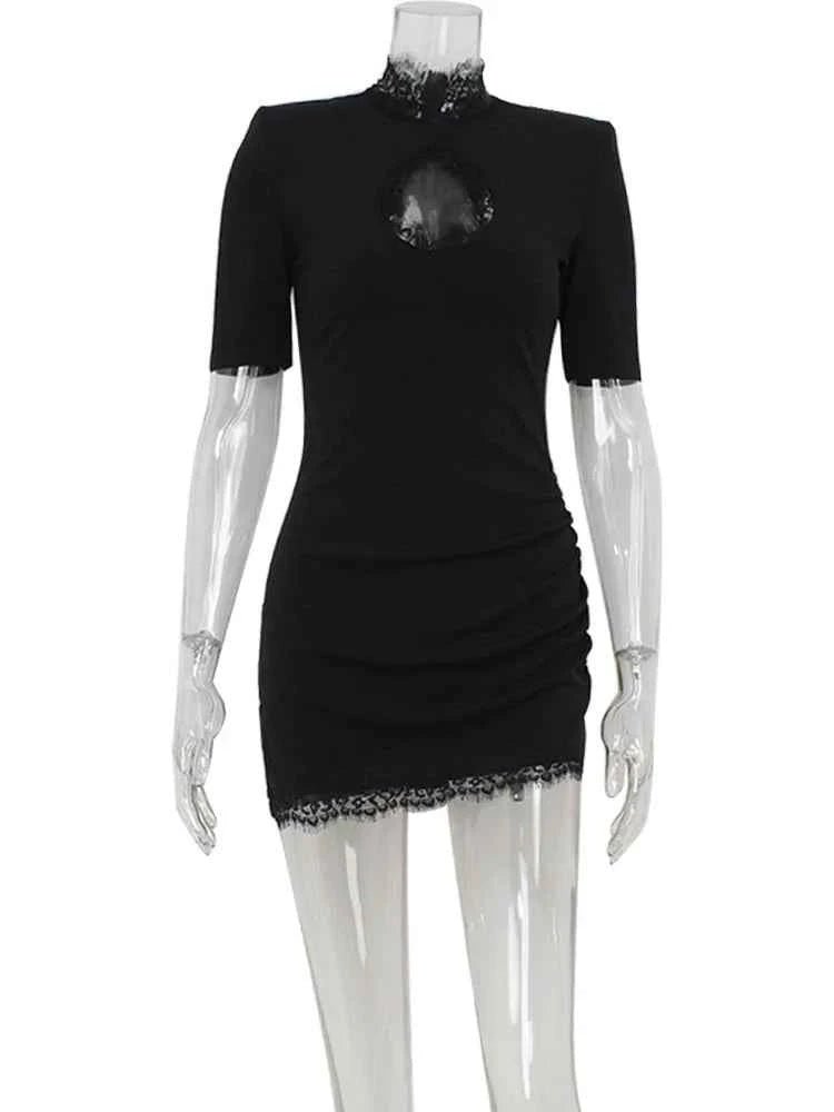 Huhugirl Lace Patchwork Hollow Out Bodycon Sheath High Collar Women Dresses Half Sleeve Outfits Sexy Club Fashion Female Vestido