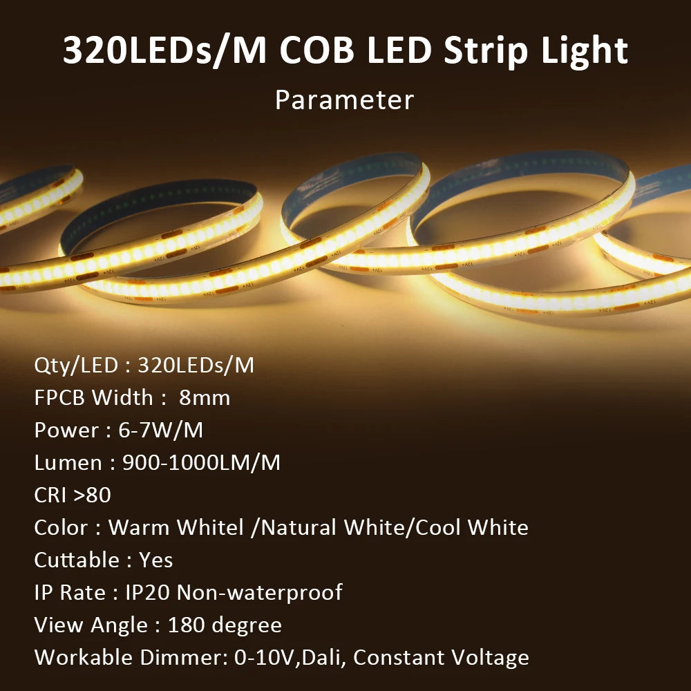 FOB COB LED Strip Lights 12V 2M 3M 5M High Density Flexible Diode Tape Light 3000K 6000K Linear Dimmable 12 Volt Home Decoration