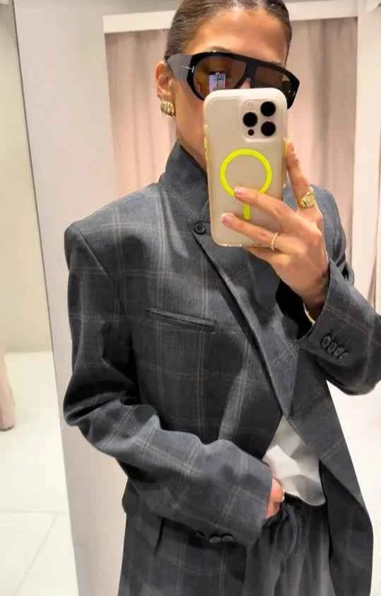 Irregular Plaid Blazer Jacket Women Fashion Stand Collar Full Sleeve Split Loose Short Jackets 2025 Lady Daily Commute Outwear