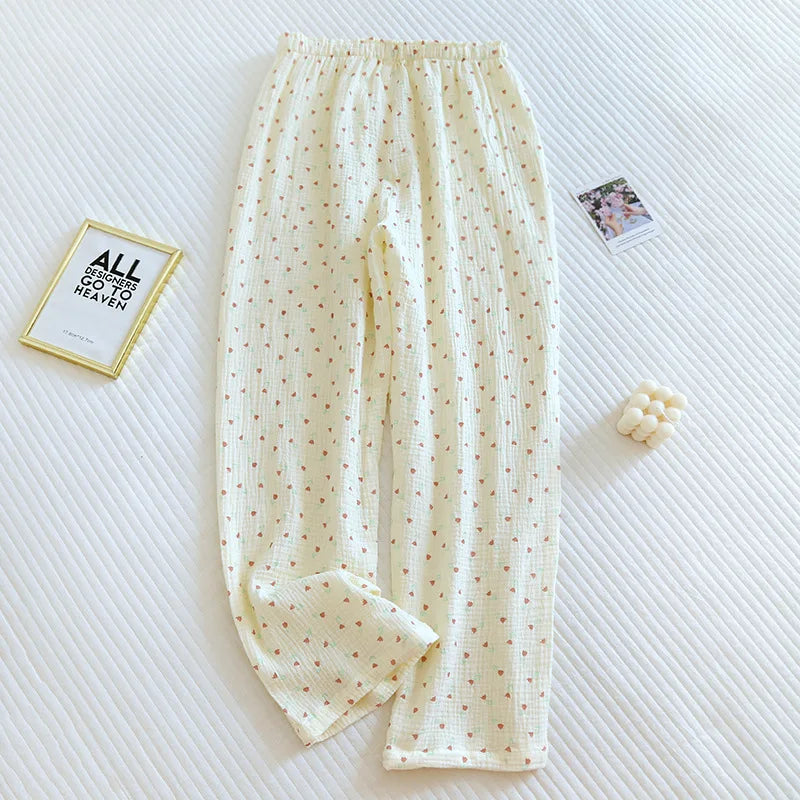 2025 Summer Women Pajamas Cute Tulip  Printing Sleepwear 100% Cotton Gauze Female 2 Piece Set  Nightwear Pyjamas Loungewear