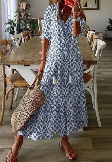 Loose V-neck printed hanging whisker mid sleeve long dress