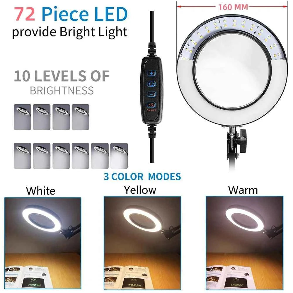 72LED 8X/10X NEW Illuminated Magnifier USB 3 Colors LED Magnifying Glass for Soldering Iron Repair/Table Lamp/Skincare Beauty
