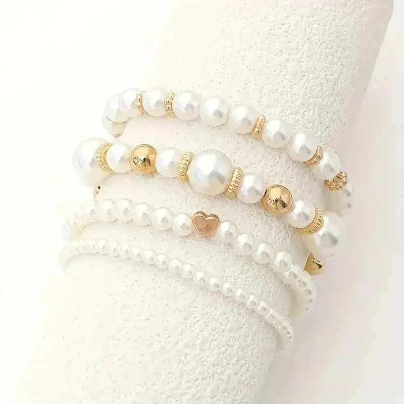 4 Pcs Elegant Boho Heart Charm Beads Bracelet Set Fashion Faux Pearl Layered Bracelets for Women Daily Wear Jewelry Gifts 2025