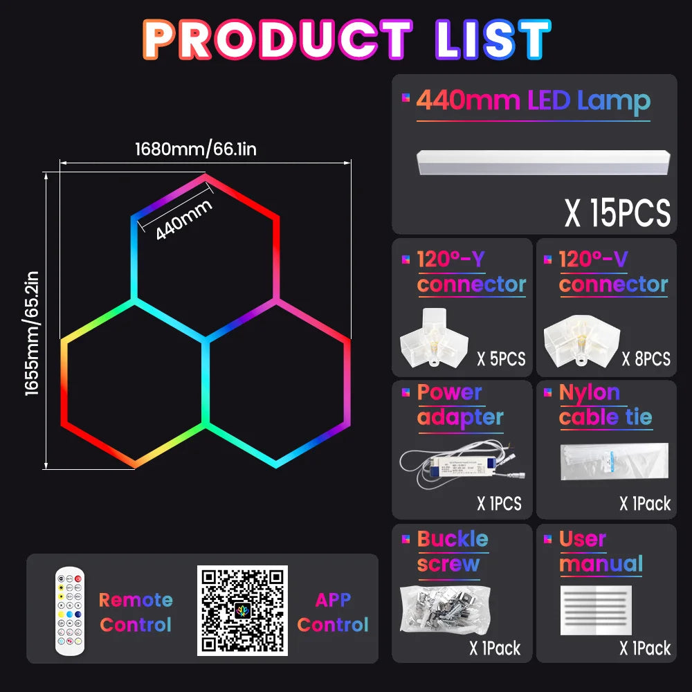 Smart hexagonal honeycomb RGB ambient tube light DIY modular splicing plug and play color lamp 85V-265V phone APP & remote control support timing shutdown music sync mode brightness and color adjustable, ideal for gaming room