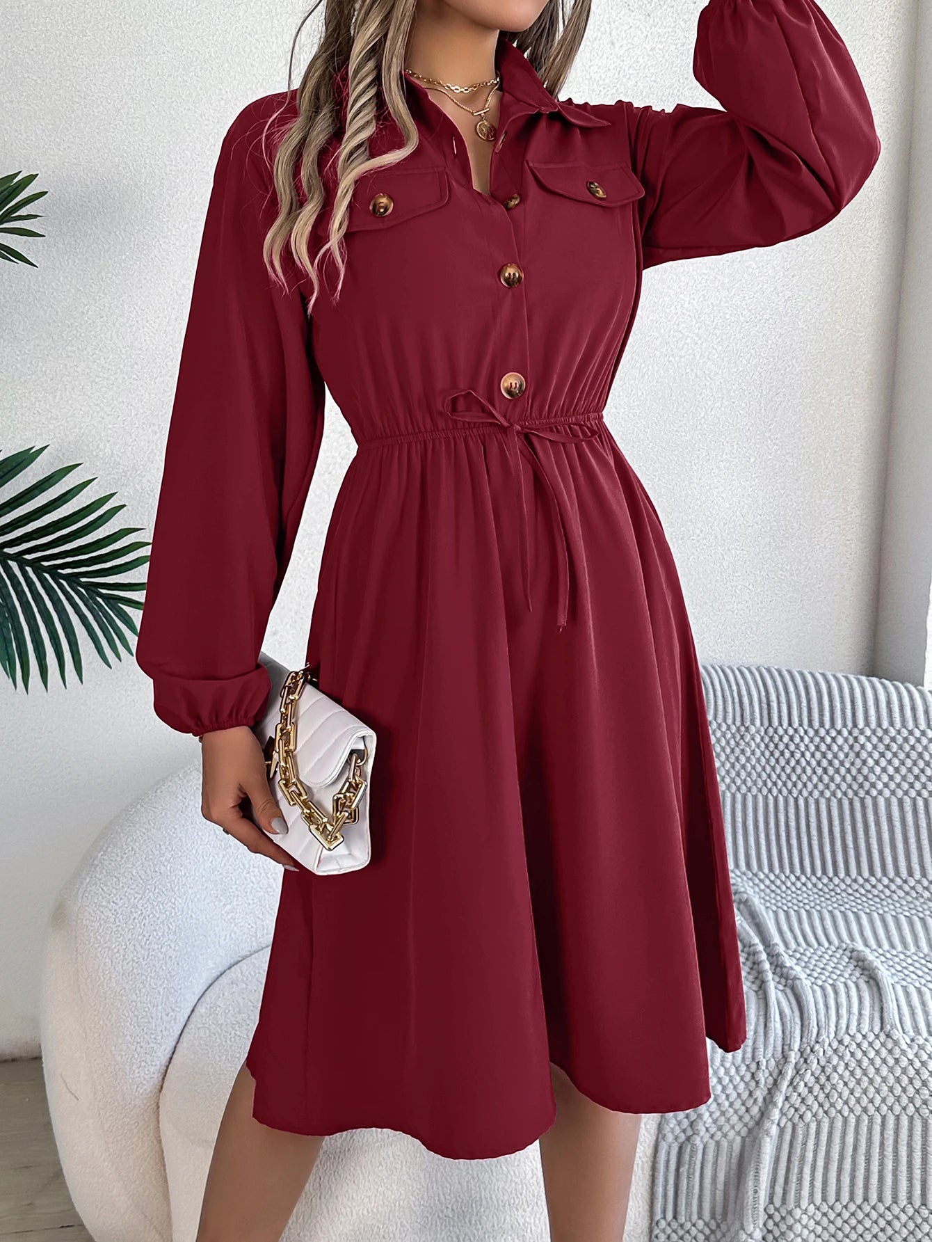 Autumn Winter Dresses for Women Casual Solid Color Button Tie Up Long sleeved Shirt Dress Blue  Green Black Red Woman Clothing