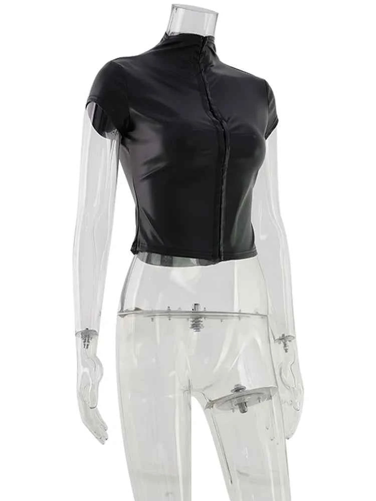 CNYISHE PU Leather Button Solid Short Sleeve Women Tops Sheath Fashion High Collar Blouse Fitness Female Sexy Club Tees Chic