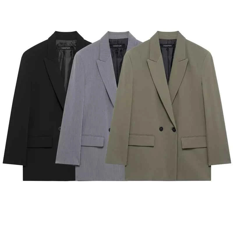 HXAO Blazer Women Double Breasted Pocket Women's Jacket 2025 Long Sleeve Casual Blazers Woman Chic Office Wear Ladies Coat