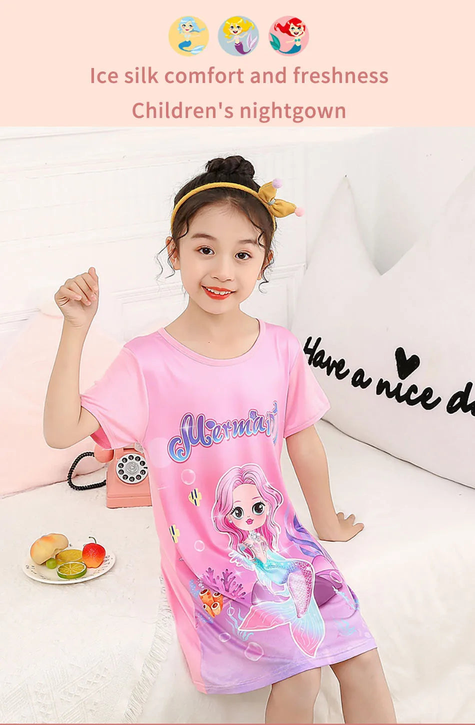 Girl Mermaid Dress Children Short Sleeve Summer Princess Dress Breathable Cartoon Print Girls Soft Silk Nightgown Kids Sleepwear
