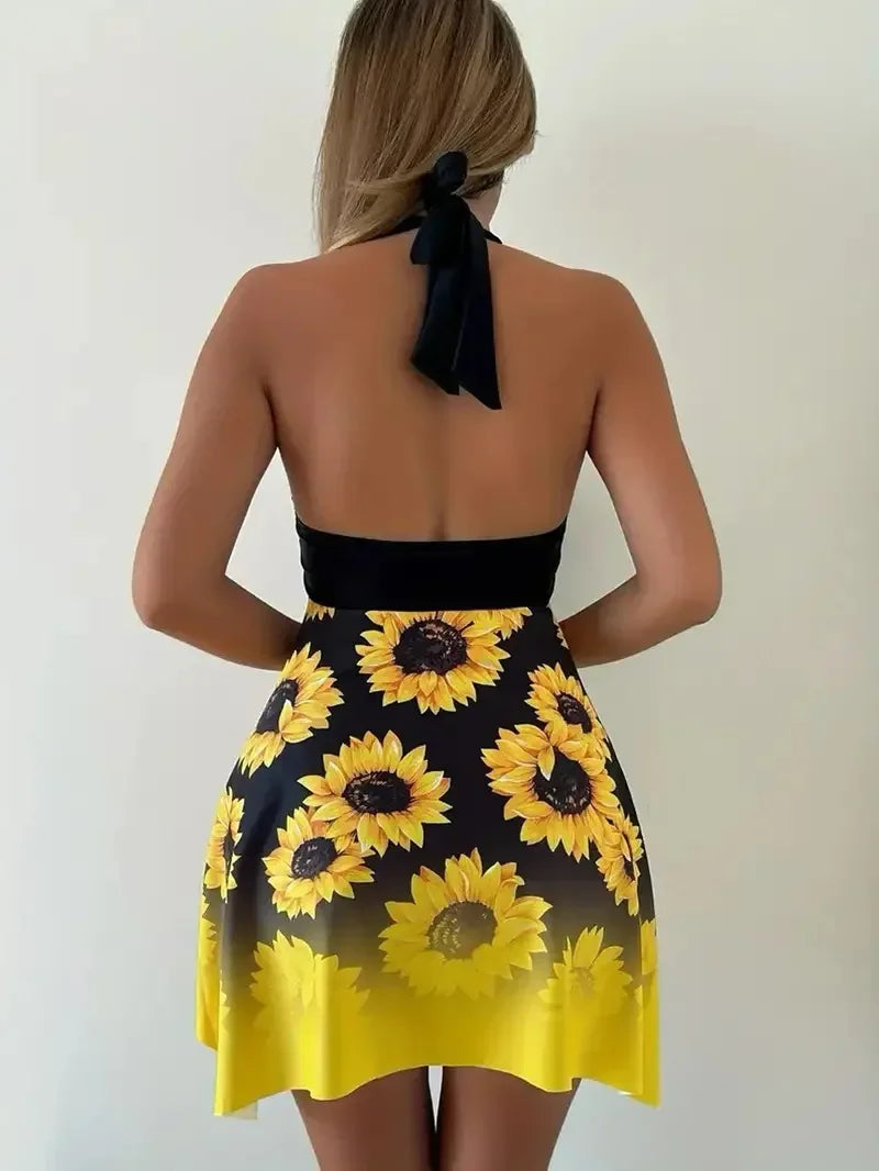 New 2025 Women's Two-Piece Bikini Set Yellow Sunflower Print Maxi Dress Style Swimsuit Floral Patterned Separate Swimsuit