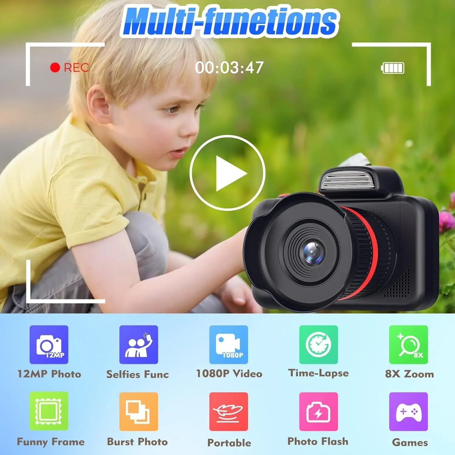 Kids Camera Toys Flash 1080P Photo Video Mini Camera 2.0 Inch Screen Long Lens Zoom Child Digital Camera Birthday Festvial Gifts