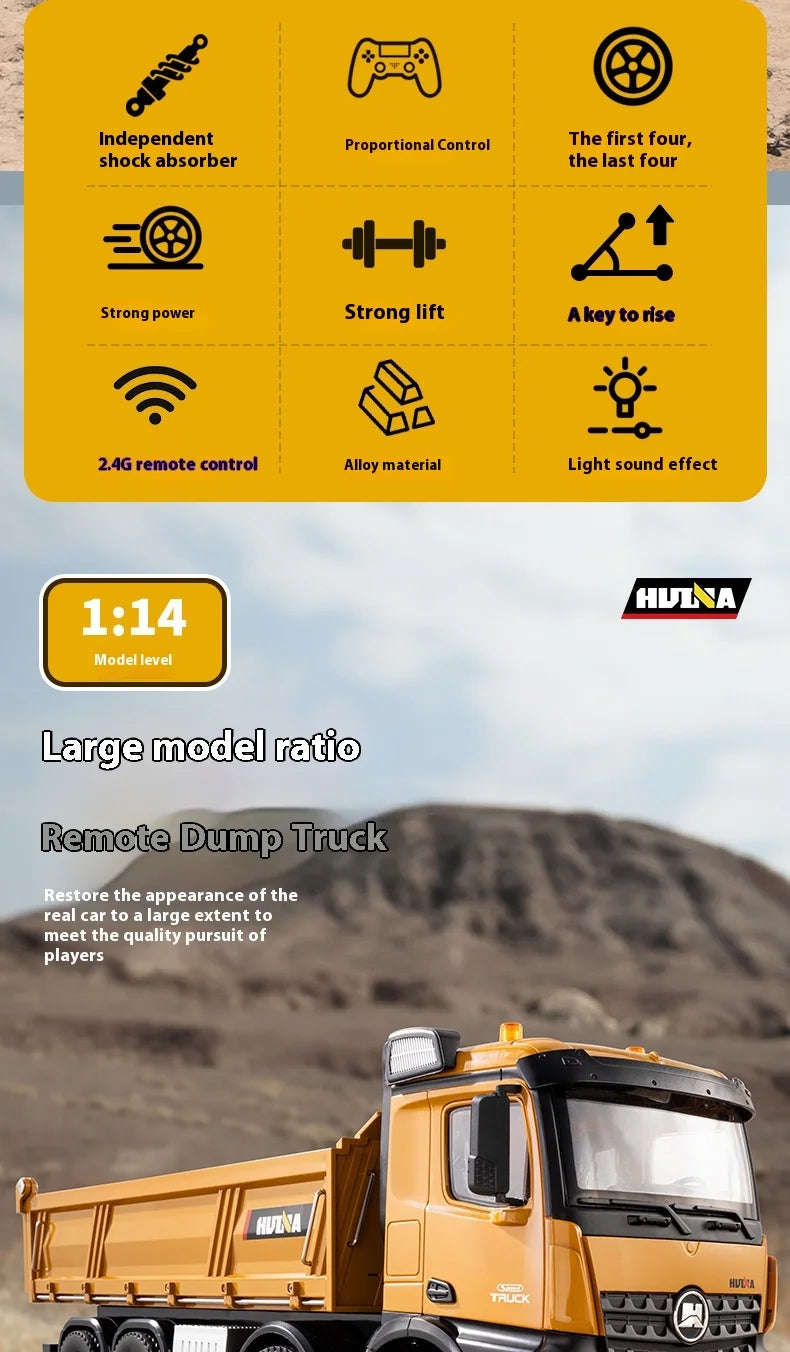HUINA 1536 2.4G 1/14 15CH RC Metal Dump Truck Toy Die-cast Remote Control Construction Rc Truck for Boy Children Toys Xmas Gifts