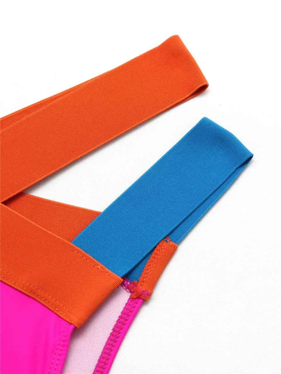 2025 High Waist Bikini Straped Swimsuit Block Color Women Solid Swimwear Female Bathers Bathing Swimming Suit Beachwear Summer