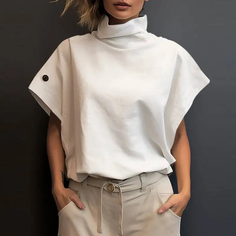 Women Fashion OL Work Shirt 2024 ZANZEA Summer Elegant Turtleneck Short Sleeve Blouse Casual Loose Office Tops Party Blusas