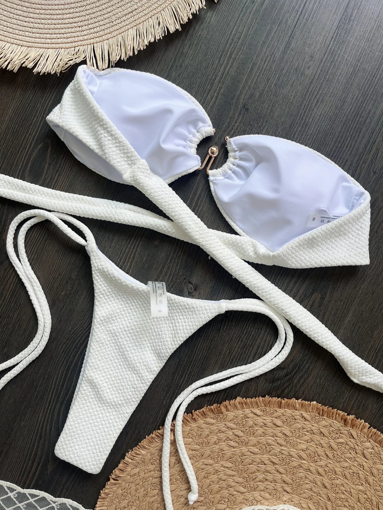 New Bather Bathing Suit Swim Wrinkled Bandeau Metal Ring Thong Bikini Women Swimwear Female Swimsuit Two-pieces Bikini set