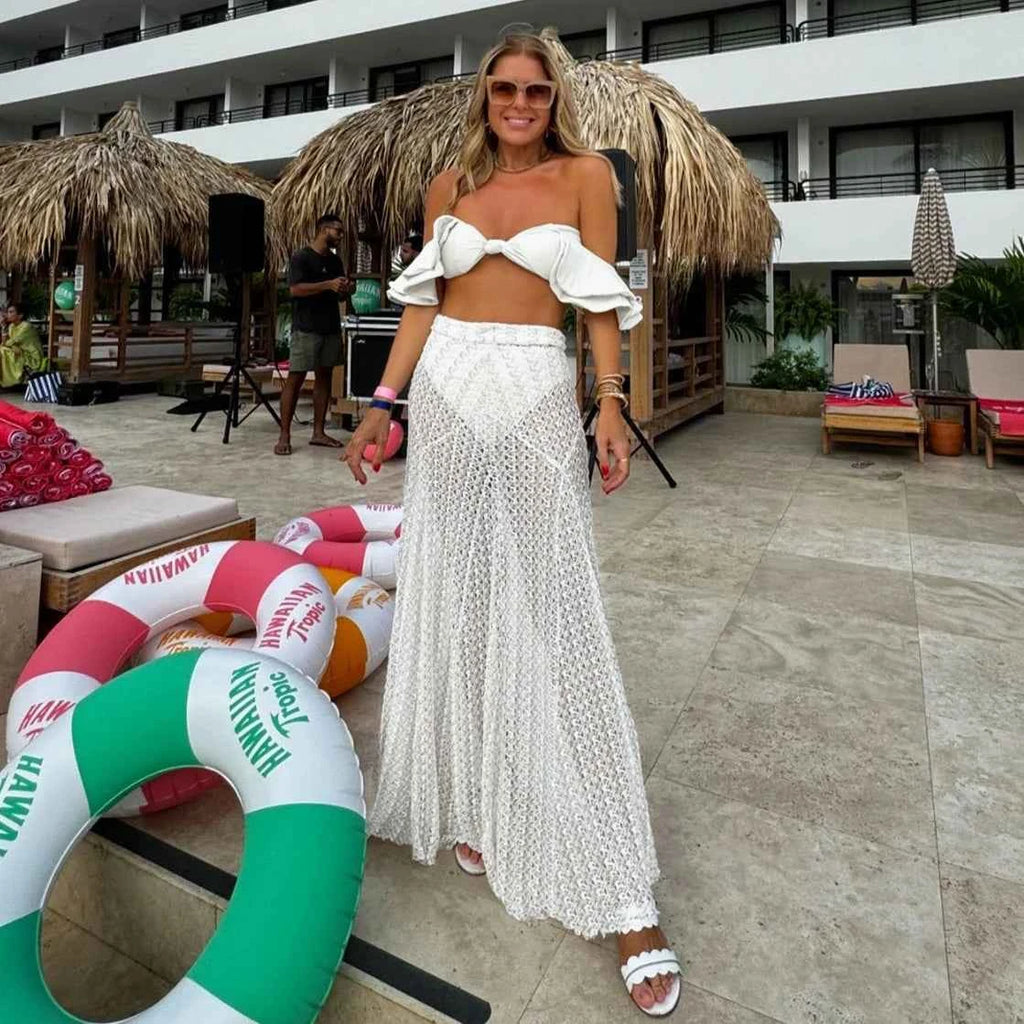 3pcs Swimsuit Sexy Bikinis 2025 Women Swimwear Crochet Dress Off Shoulder Ruffle Swim Suit Bathingsuit Beachwear Bandeau Biquini