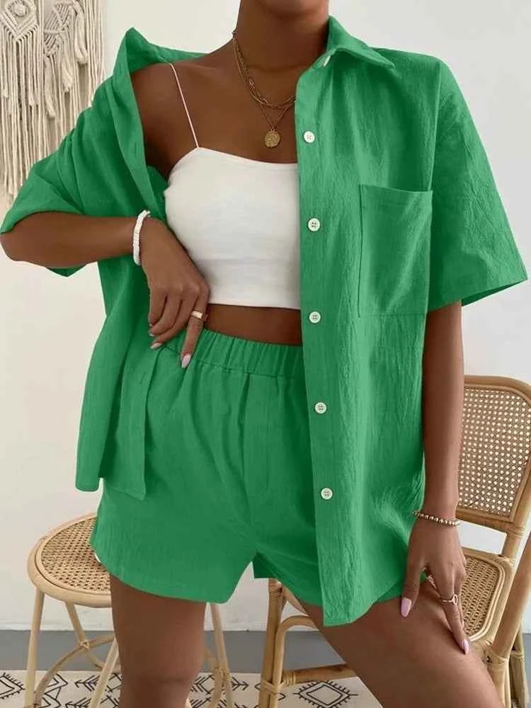 Women's Cotton Suit  Short Sleeve Casual Elegant Green Soild Two Piece Set Women Outfit Suit Shorts and Shirt for Women