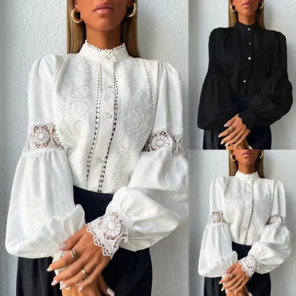 White Lace Blouses Women Elegant Solid Casual Lace and Button Hook Flower Hollow Puff Sleeves Blouse Top Lady Office Shirts