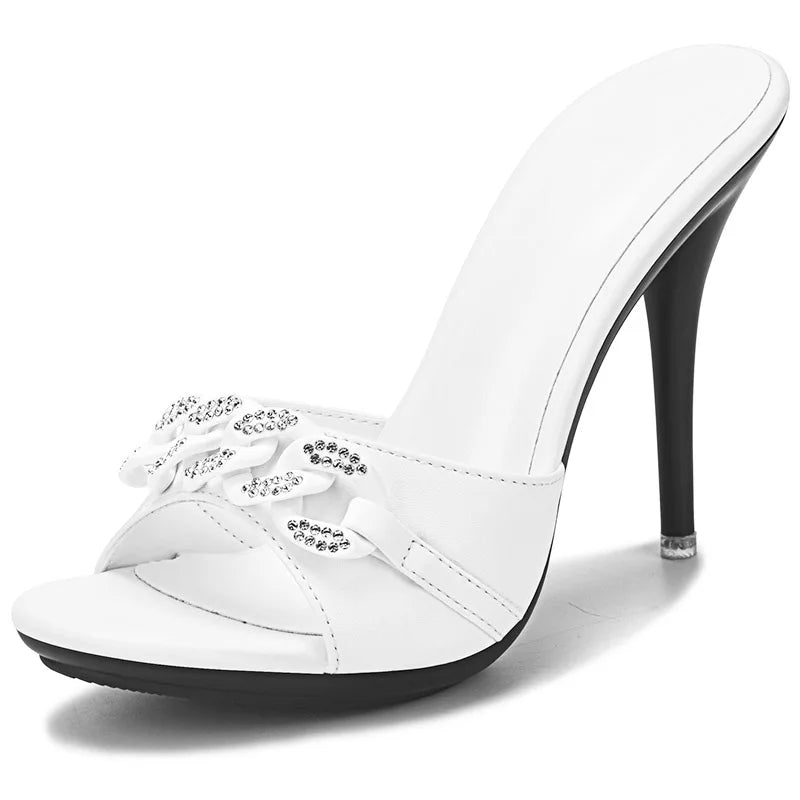 2022 New Diamond Chain Women Pumps Slippers Thin High Heels Party Shoes Fashion Solid Color Summer Dress Sandals Shallow Mouth