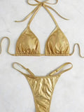 Metallic PU Leather Extreme Mini Thong Bikini Female Swimsuit Women Swimwear Two-pieces Bikini Set Halter Bathing Suit Swim Lady