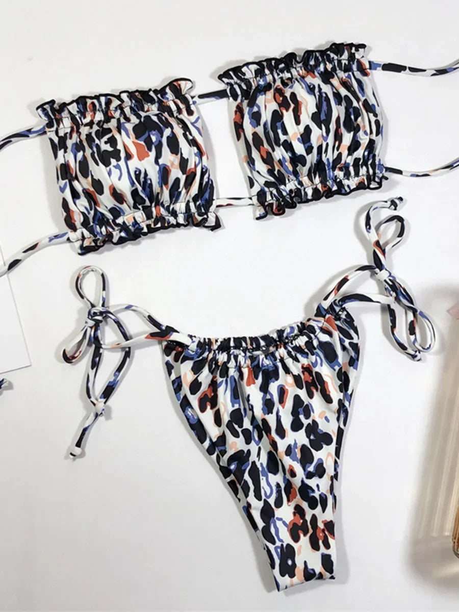 Tie Dye Pleated Ruffled Bikinis Bandeau Bikini Women Swimsuit Female Swimwear Two-pieces Bikini Set Hollow Out Bathing Suit Swim