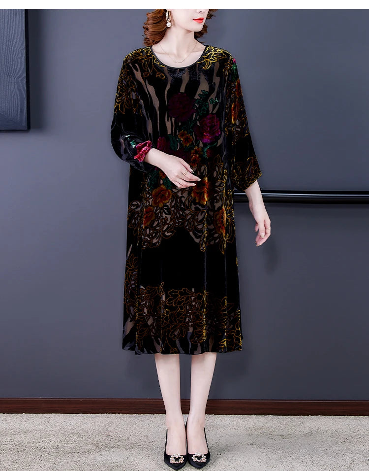 Large Size Gold Velvet Dress Women's Autumn New High-End Mulberry Silk Burnt Flower Dress Luxurious Temperament Vestidos