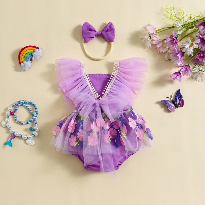 Baby Girl Princess Romper Dress Cute Summer Ruffle Sleeveless 3D Flower Tulle Tutu Rompers with Headband 2Pieces Infants Outfits