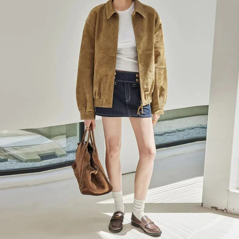 Brown Suede Jacket Spring Women Sheepskin Vintage Old Money Style Wide Shoulder Casual Baseball Leather Coat Giacca Pelle Donna