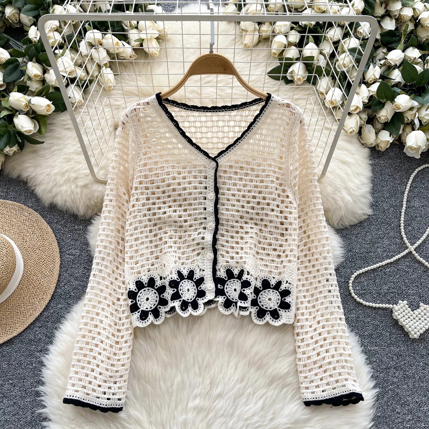 Floral Crochet Top Long Sleeve Sheer Open Knit Button Up Crop Blouse Women Teengirl Spring Summer Fairycore Boho Vacation Outfit