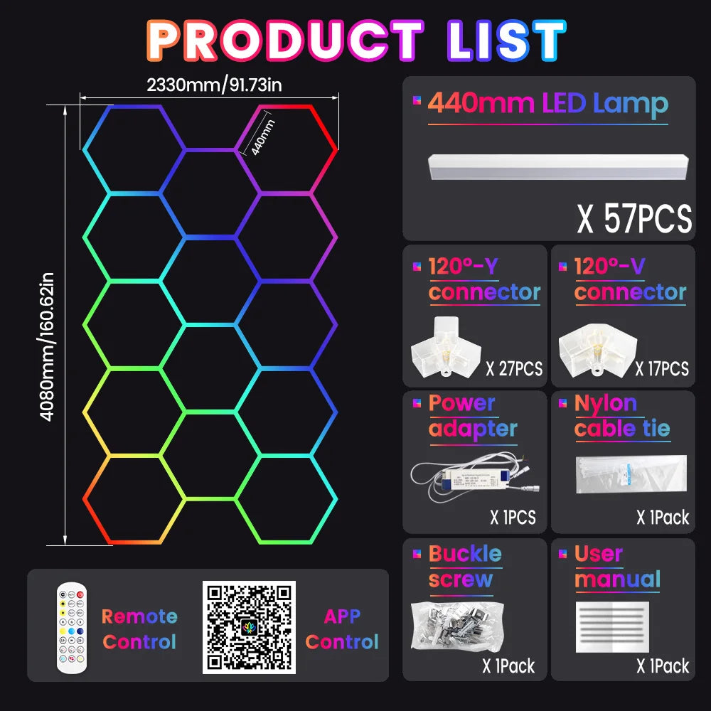 Smart hexagonal honeycomb RGB ambient tube light DIY modular splicing plug and play color lamp 85V-265V phone APP & remote control support timing shutdown music sync mode brightness and color adjustable, ideal for gaming room