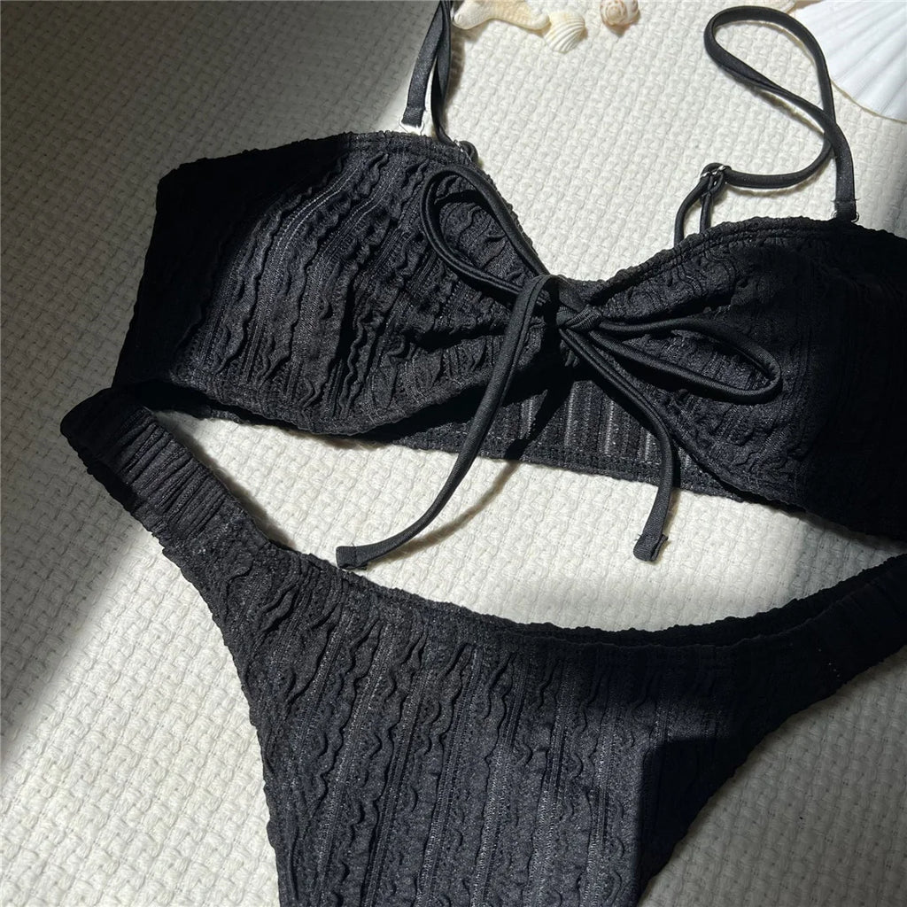 Wrinkled Crinkled Knotted Bikini Women Swimwear Female Swimsuit Two-Pieces Bikini Set Brazilian Bather Bathing Suit Swim V5709