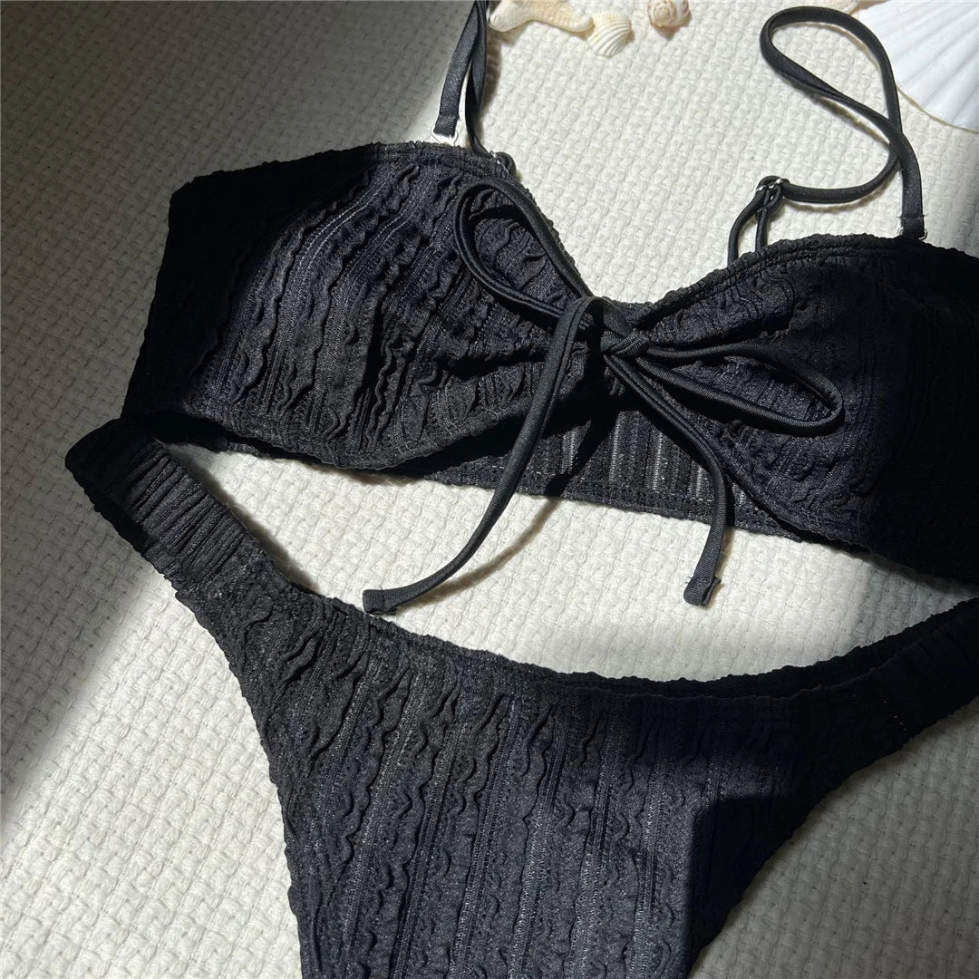 Wrinkled Crinkled Knotted Bikini Women Swimwear Female Swimsuit Two-Pieces Bikini Set Brazilian Bather Bathing Suit Swim V5709