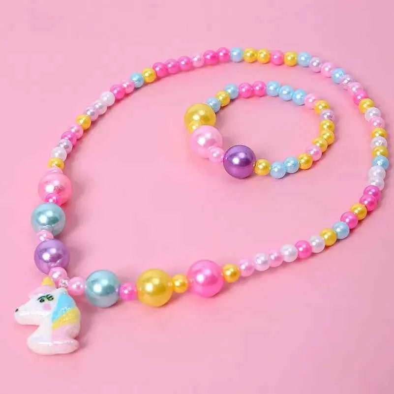 2pcs Colorful Cartoon Unicorn Flower Animal Child Sweater Necklace Bracelet Girl's Gifts Children's Jewelry Kids Toys